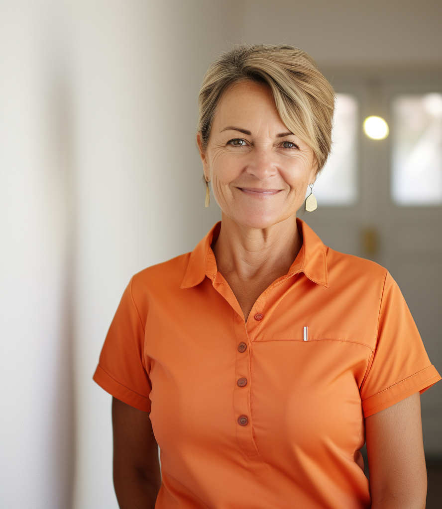 p.or.13_cr Dr. med. Clara Vogt; hellhäutige Frau mit kurzen blinden Haaren in einem orangen Poloshirt, lächelnd.